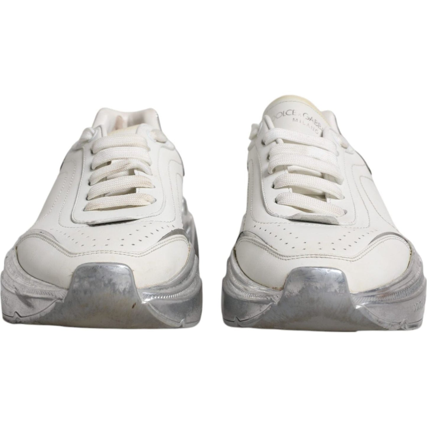 Dolce & Gabbana White Silver Daymaster Low Top Sneakers, preowned with tags, high-quality calf leather, rubber sole, lace-up, made in Italy.