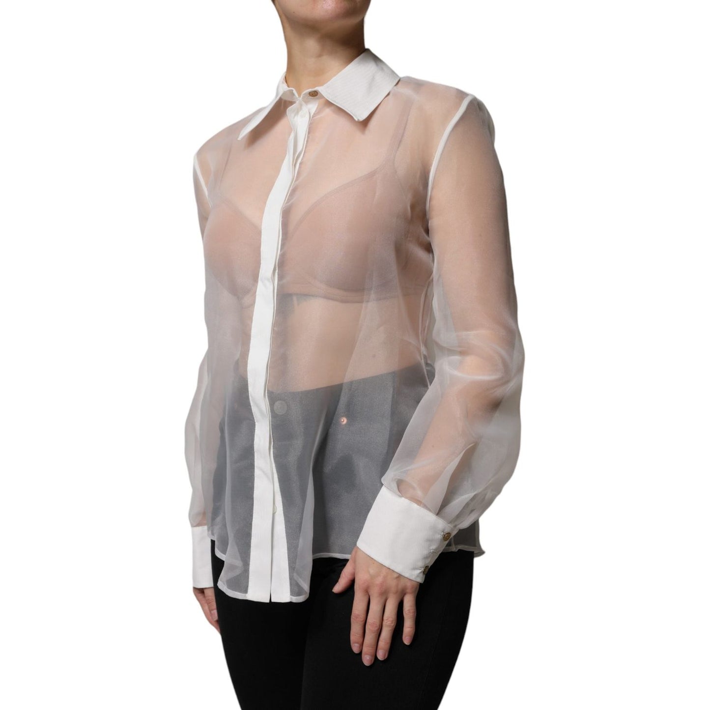 Elisabetta Franchi white sheer collared long sleeve top with button closure, visible minor marks, made in Italy, polyester blouse.