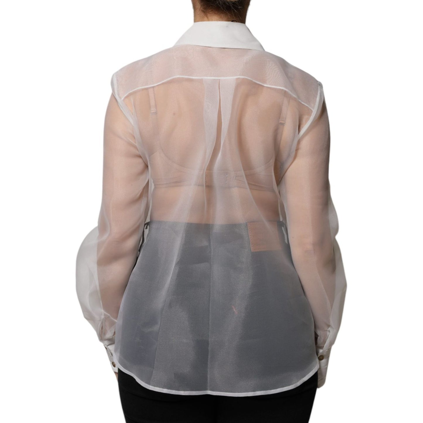 Back view of Elisabetta Franchi white sheer collared long sleeve top, button-down, polyester, with minor front and collar marks.
