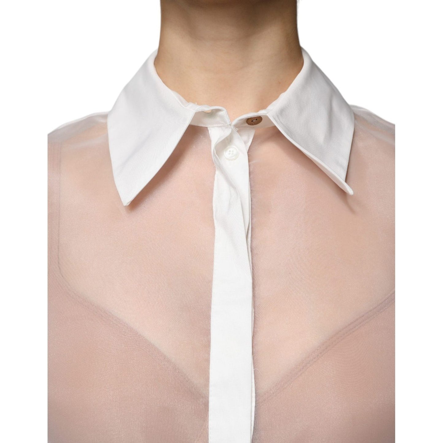 Close-up of Elisabetta Franchi white sheer top with collar and button closure, showing minor marks on collar and front.