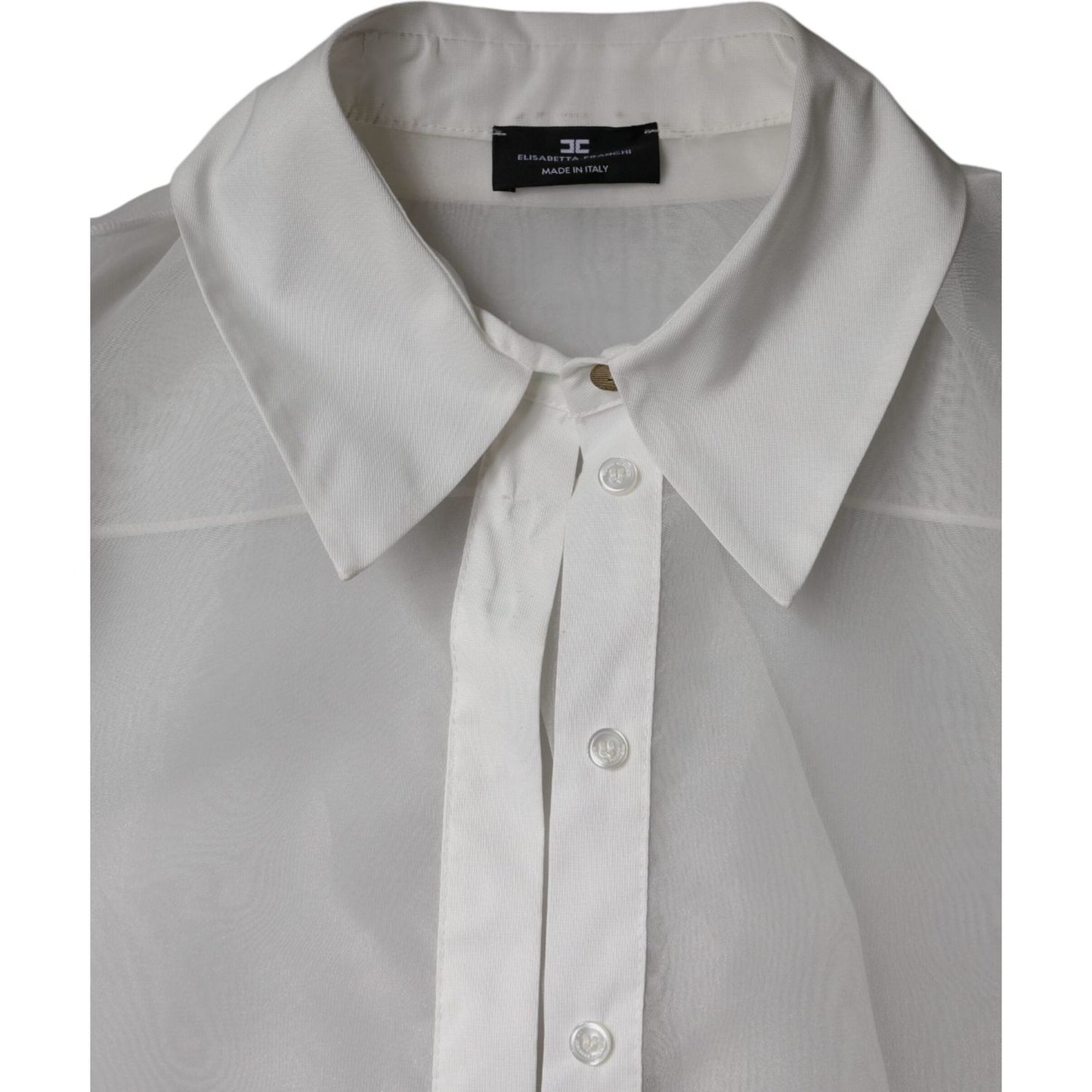 Elisabetta Franchi white sheer collared buttoned long sleeves top with logo details, made in Italy, minor defects on front and collar.