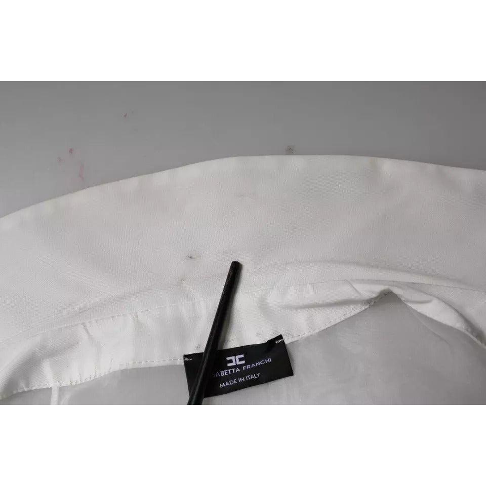Elisabetta Franchi white collared top with minor marks on collar, tag visible, showing material and style details, made in Italy.