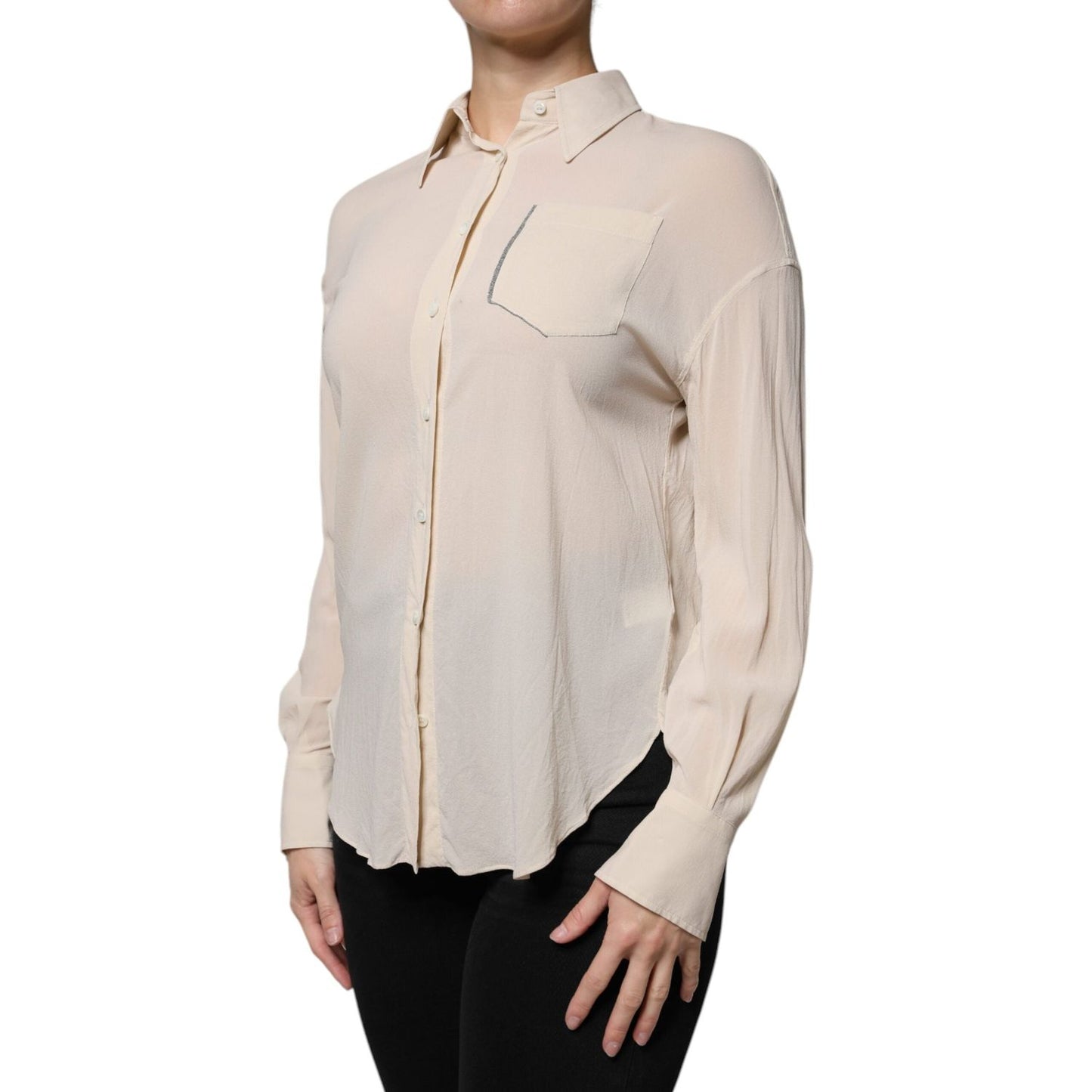 Brunello Cucinelli beige silk blend collared button down top with long sleeves and chest pocket.
