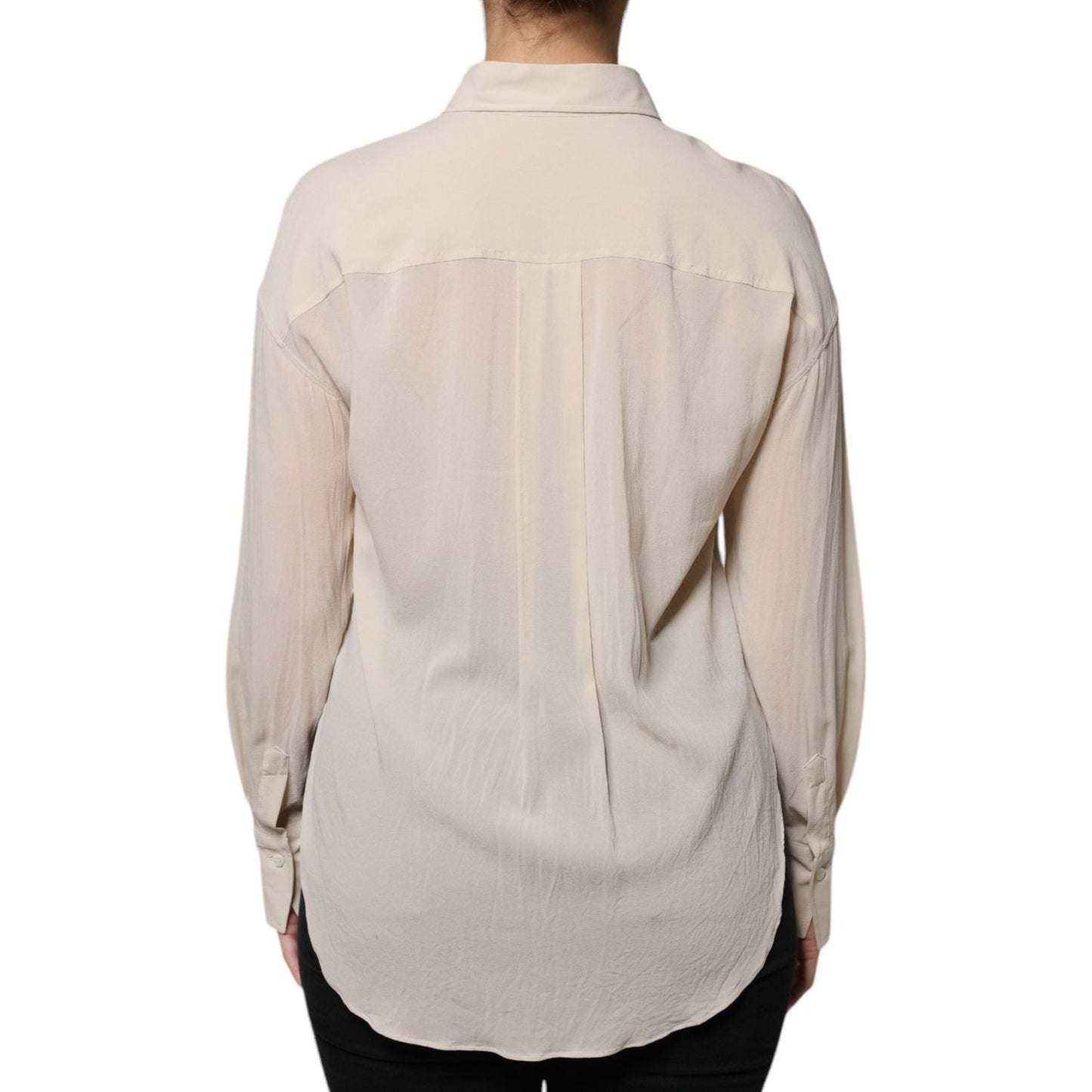 Back view of Brunello Cucinelli beige silk blend collared button-down top with long sleeves and buttoned cuffs.