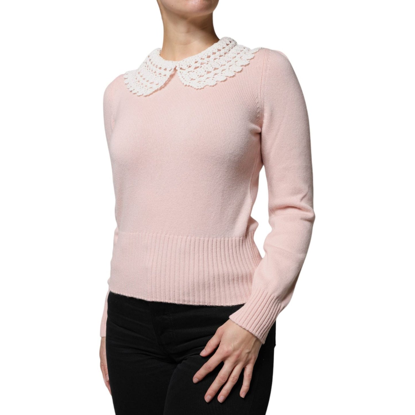 Dolce & Gabbana pink cashmere collared top with long sleeves, minor pen marks on right sleeve, made in Italy.