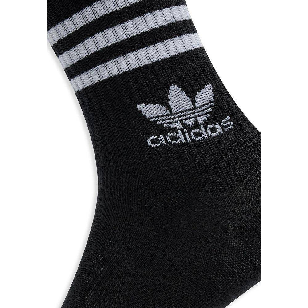 Adidas men's black cotton socks with logo, fall/winter collection, 52% cotton blend, featuring white stripes on the upper cuff.