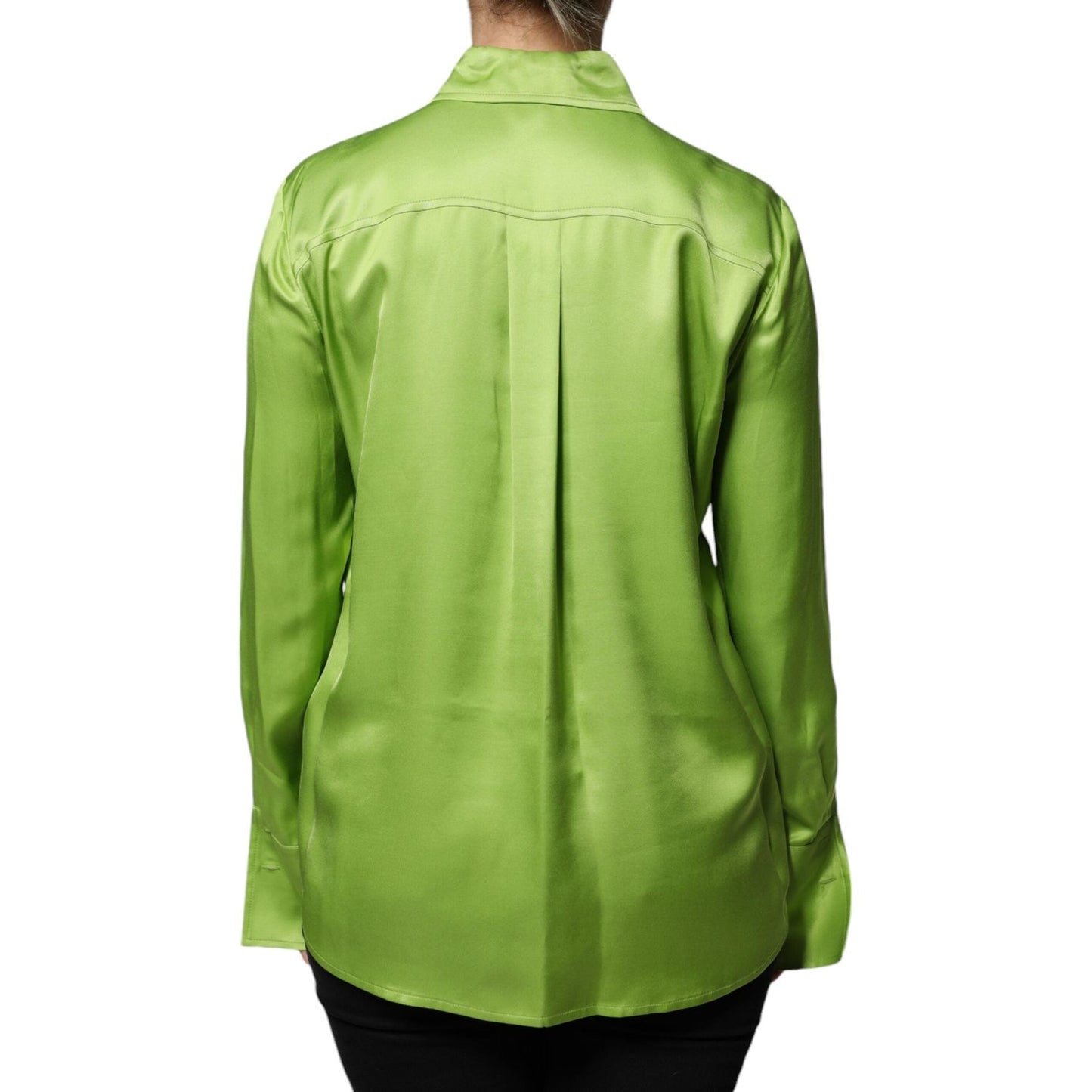 Back view of Patrizia Pepe green viscose long sleeve collared blouse with button closure.