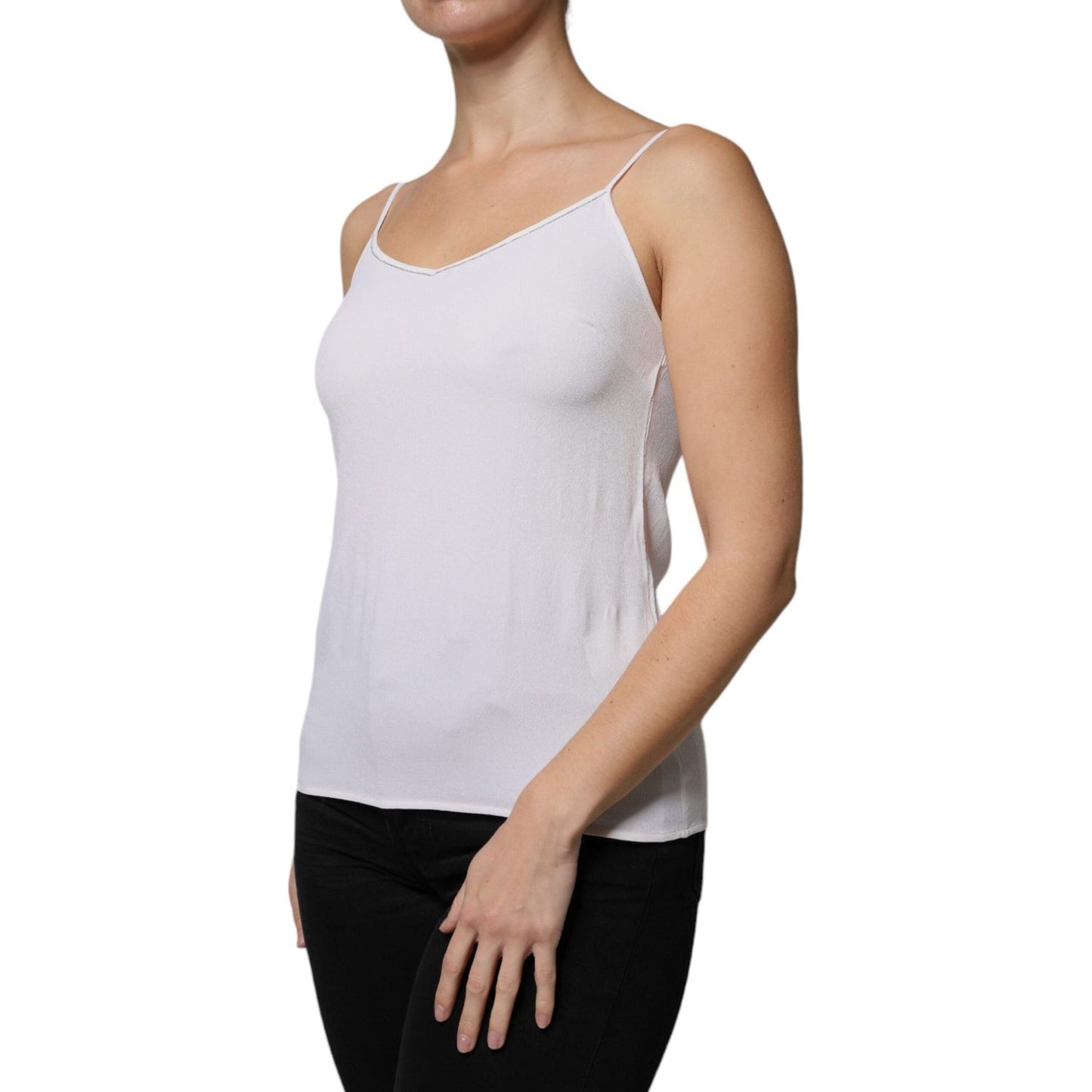 Fabiana Filippi white spaghetti strap sleeveless tank top with sweetheart neck, shown on a model. Made in Italy with acetate and silk.