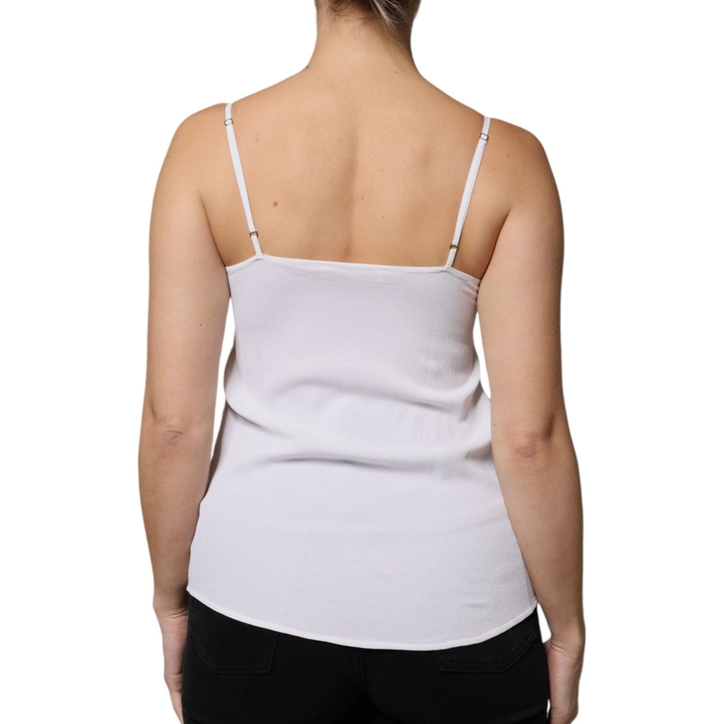 Back view of Fabiana Filippi white spaghetti strap sleeveless tank top made of 57% acetate, 43% silk, showing minor defects like stains.