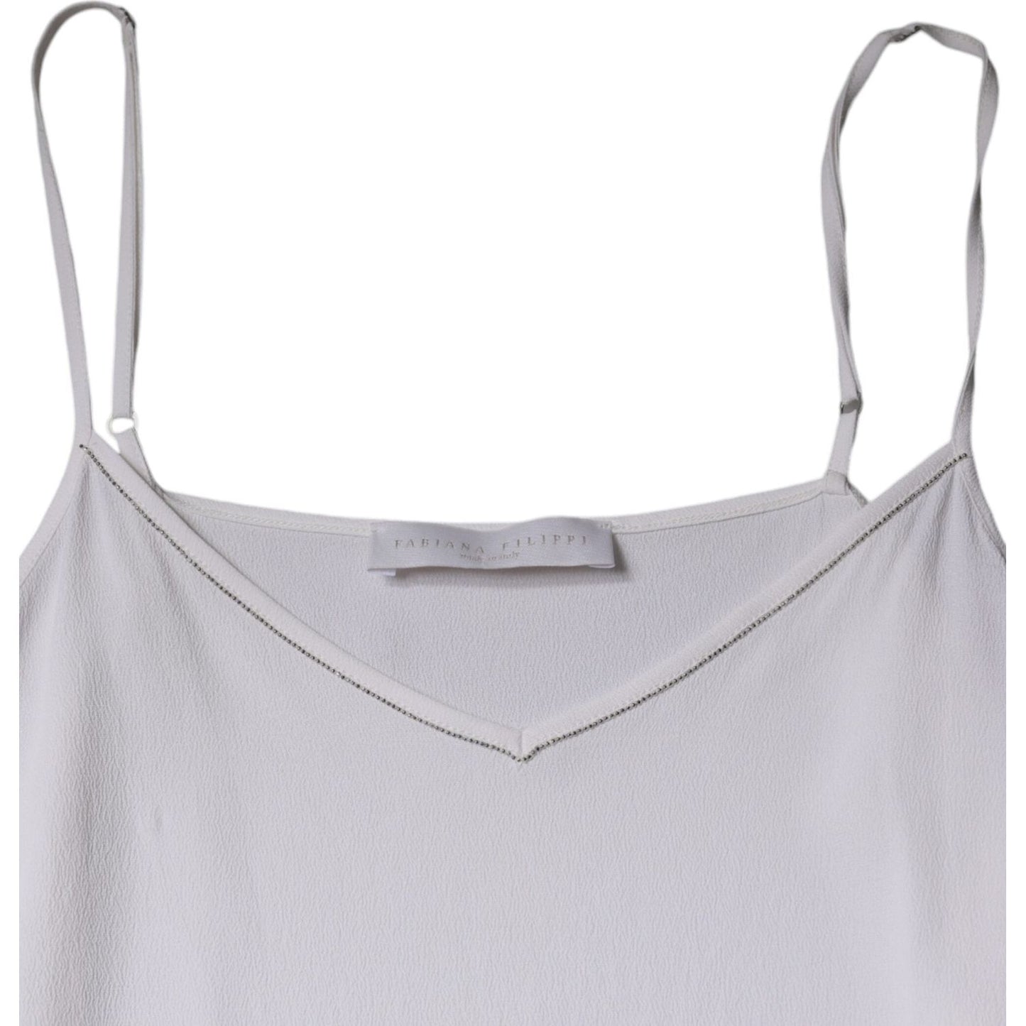 Fabiana Filippi white spaghetti strap sleeveless tank top with sweetheart neckline, made from acetate and silk.