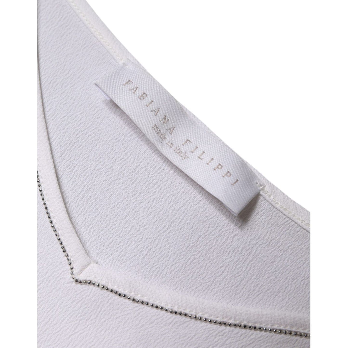 Fabiana Filippi white spaghetti strap sleeveless tank top with logo label, white color, acetate and silk blend, shows neckline detail.