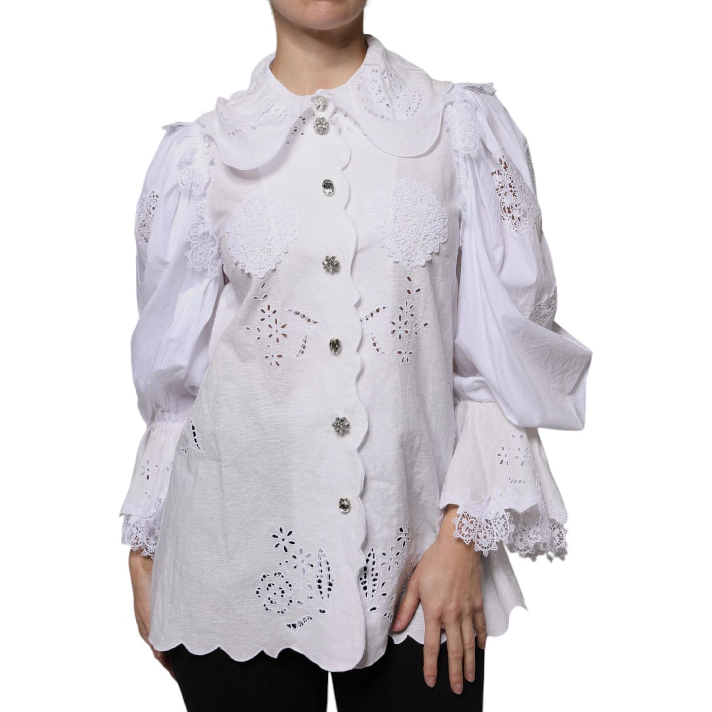 Dolce & Gabbana white cotton lace trim blouse with collar, button front, and long sleeves.