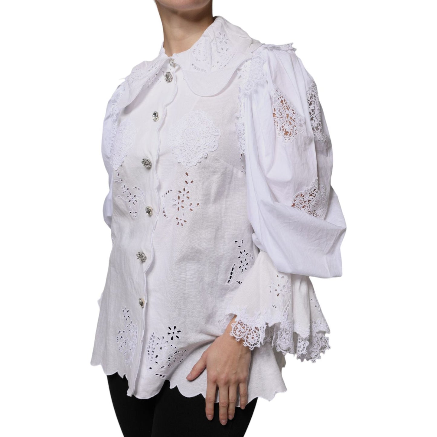 Dolce & Gabbana white cotton lace trim collared blouse with button front and long sleeves, featuring logo details, made in Italy.