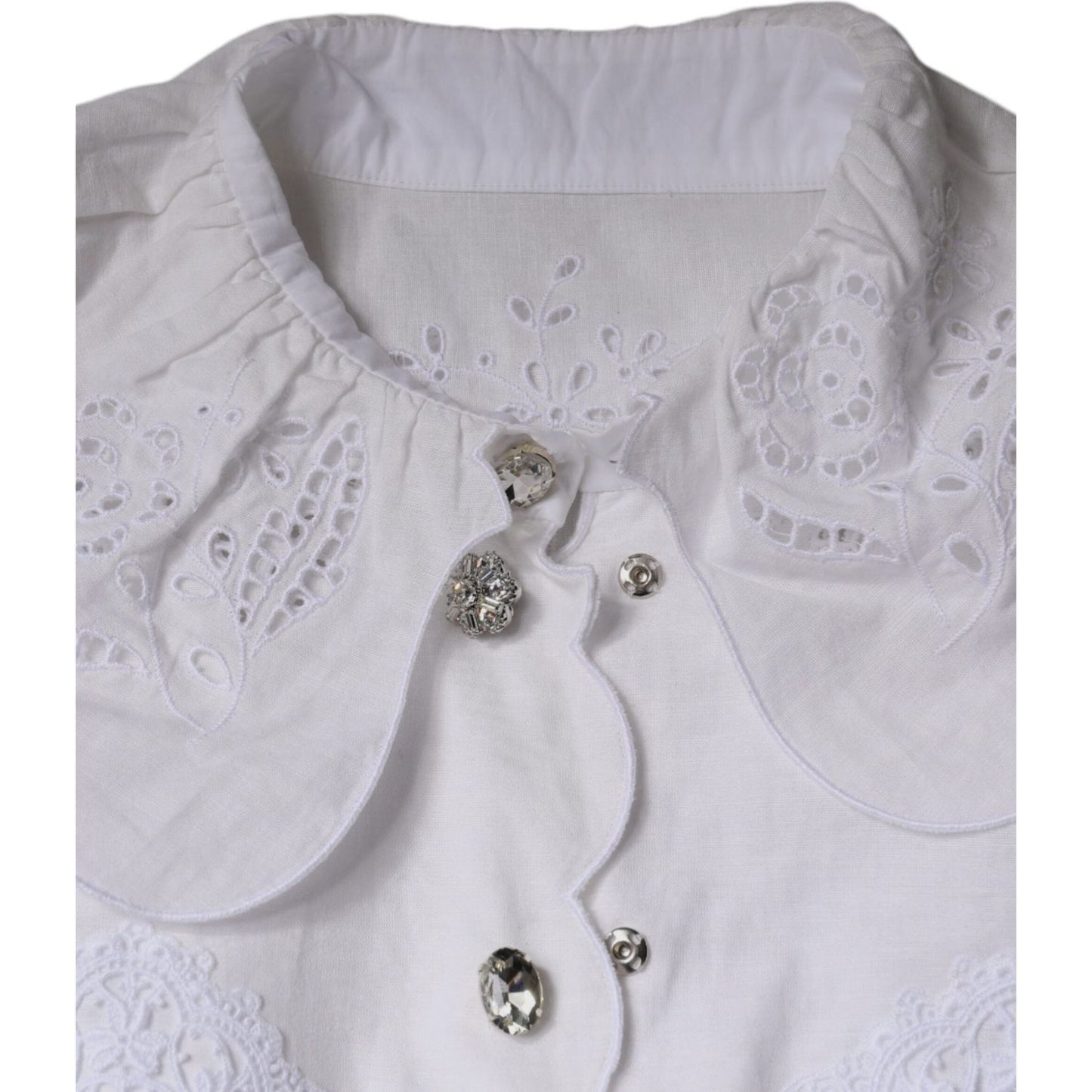 Dolce & Gabbana white cotton lace trim collared blouse with button front closure and delicate embroidery details.
