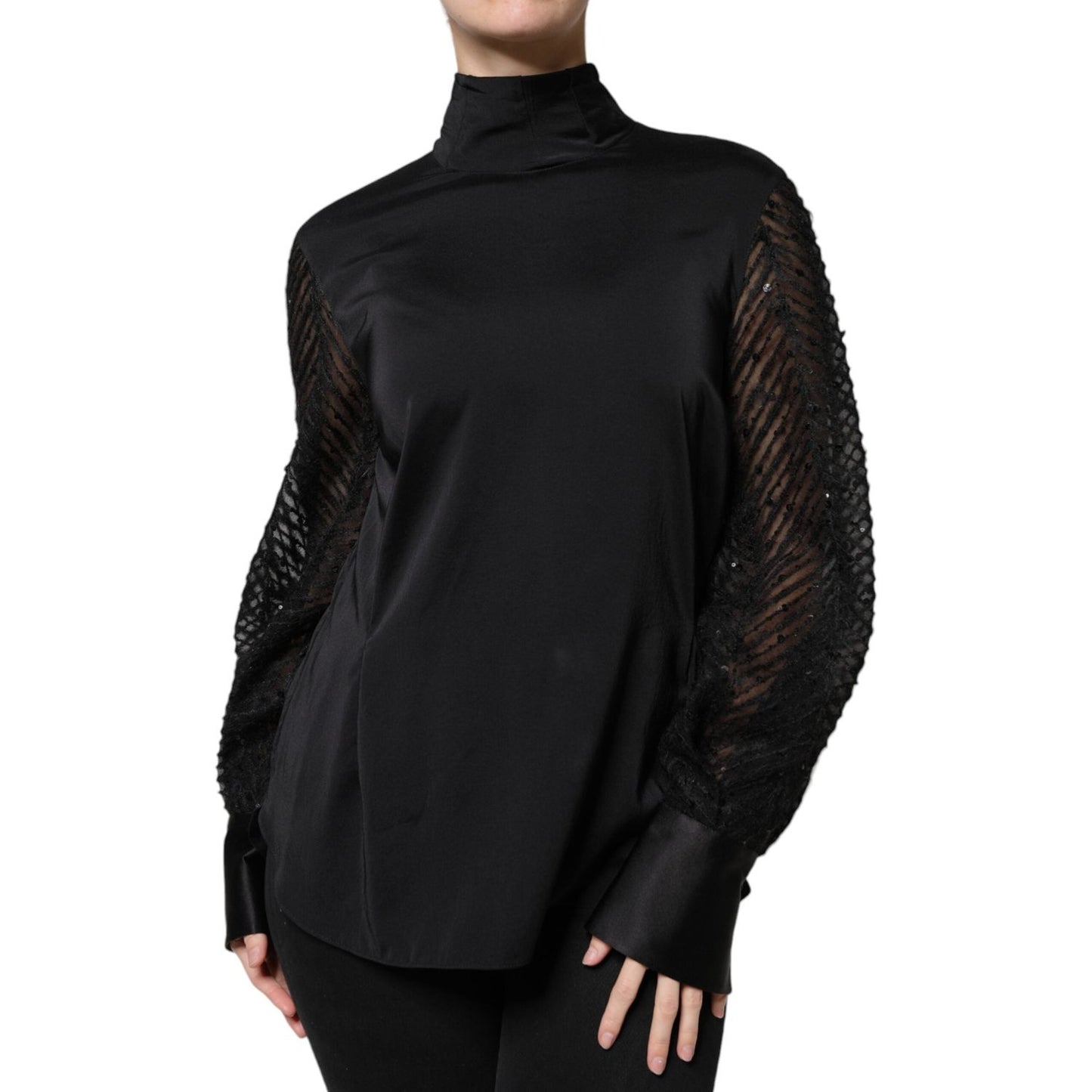 Brunello Cucinelli black silk blend blouse with turtle neck and long sheer sleeves, featuring minor defect in Italy-made elegance.