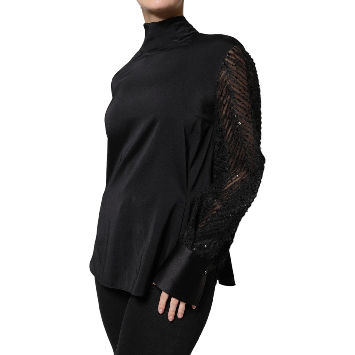 Brunello Cucinelli black silk blend long sleeve blouse with unique texture, turtleneck, and elastane material.