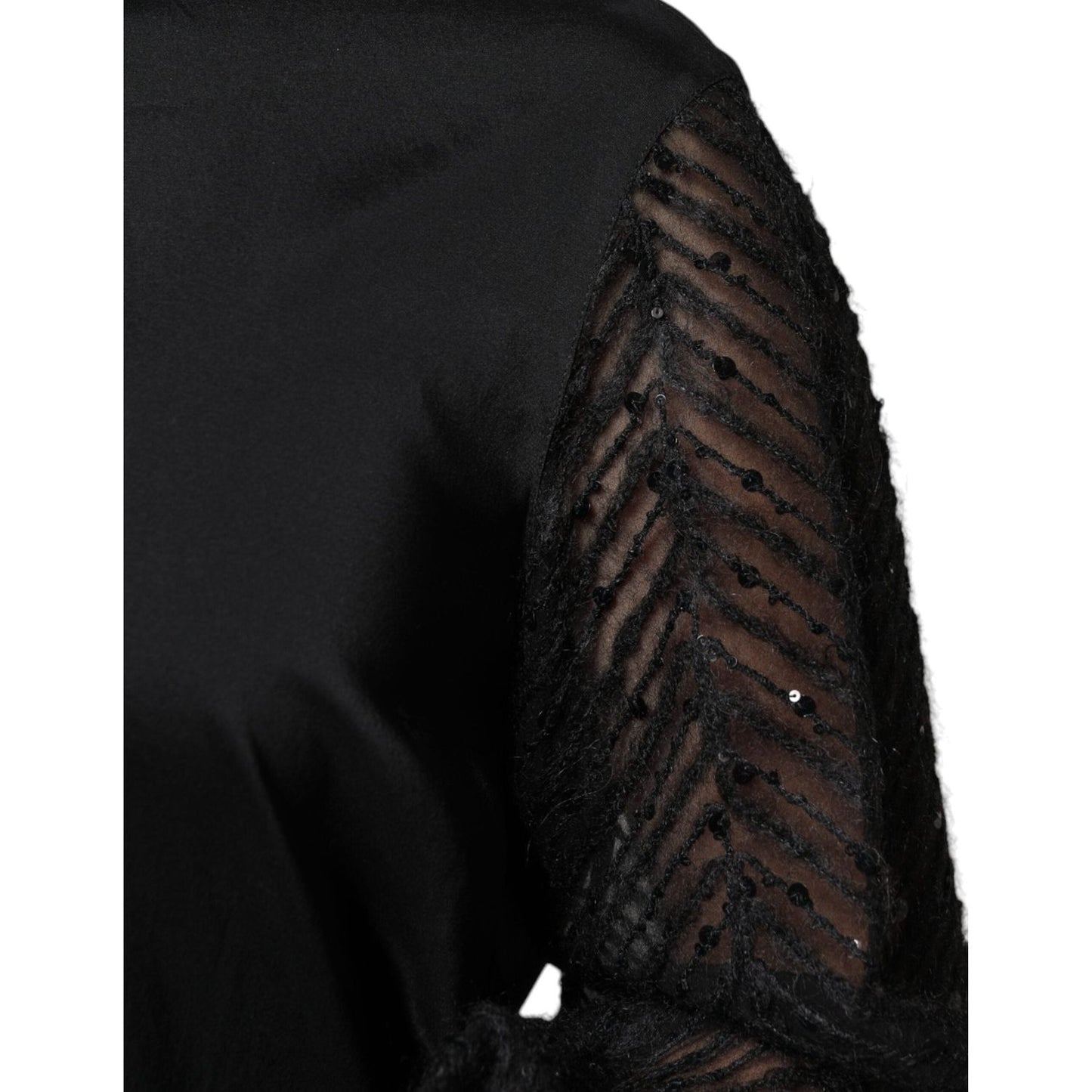 Brunello Cucinelli black silk blend blouse close-up showing detailed mesh long sleeves with sequins