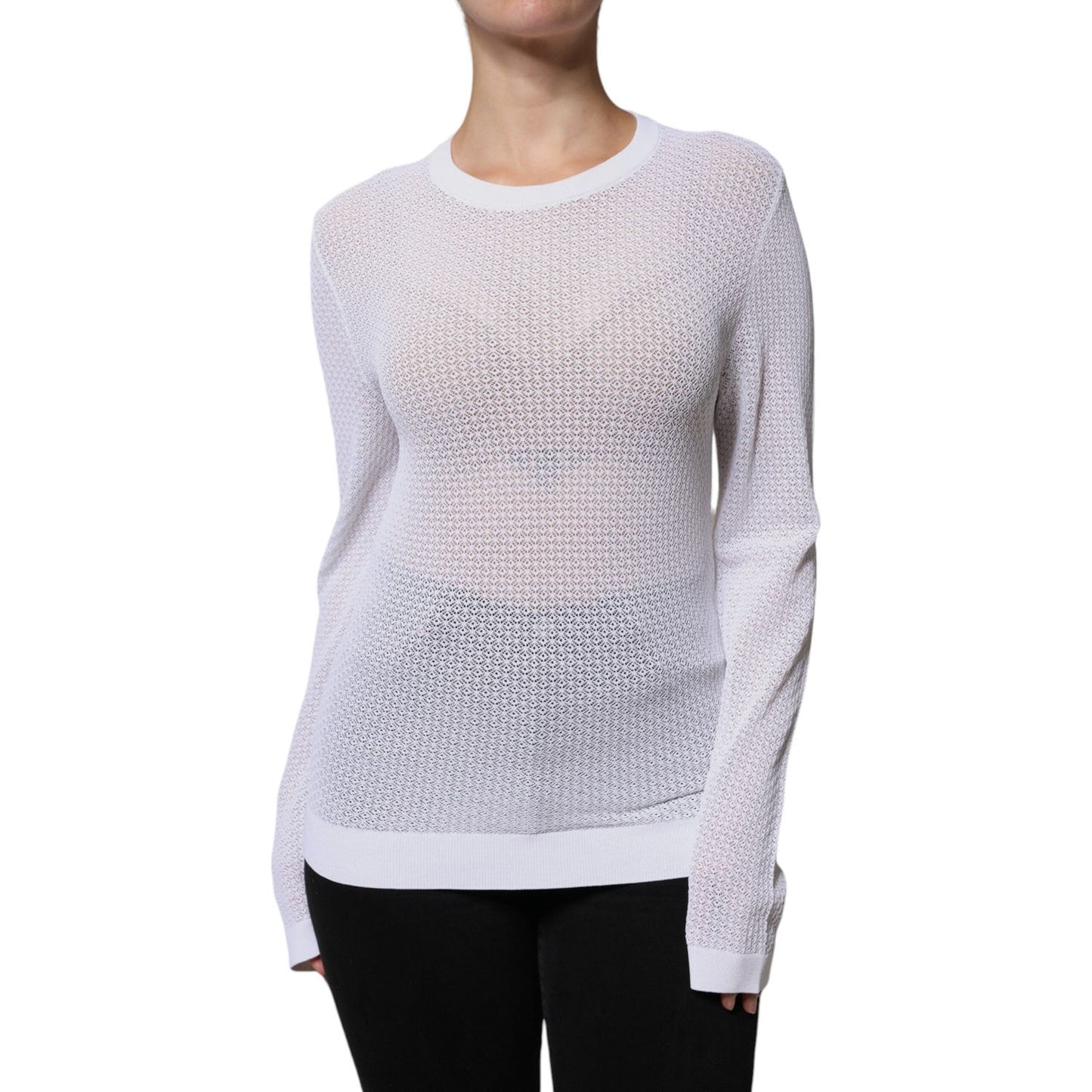Dolce & Gabbana White Mesh See Through Long Sleeves Top worn by model, logo details, made in Italy, minor neckline marks visible