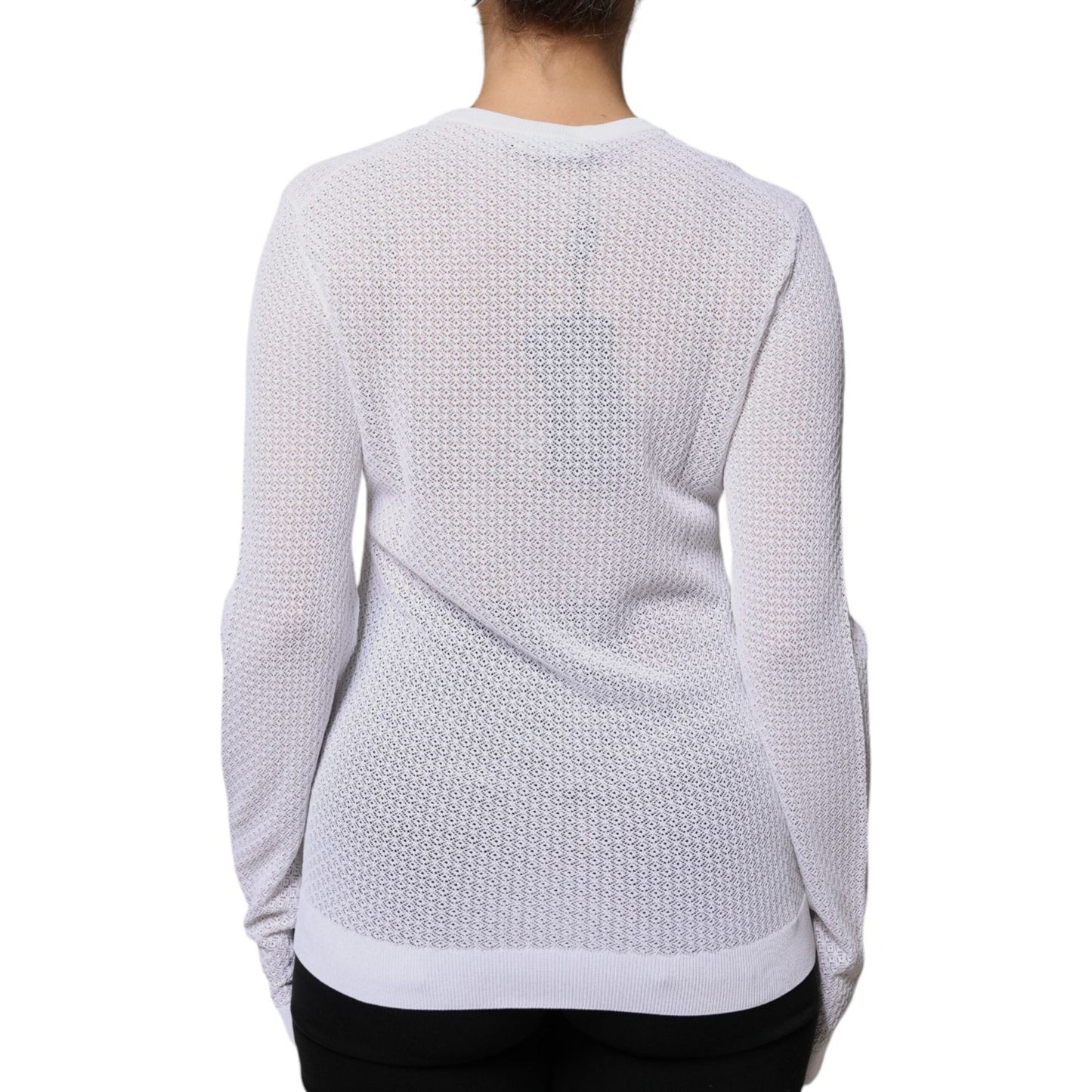 Dolce & Gabbana white mesh see through long sleeve top, back view showing texture and fit