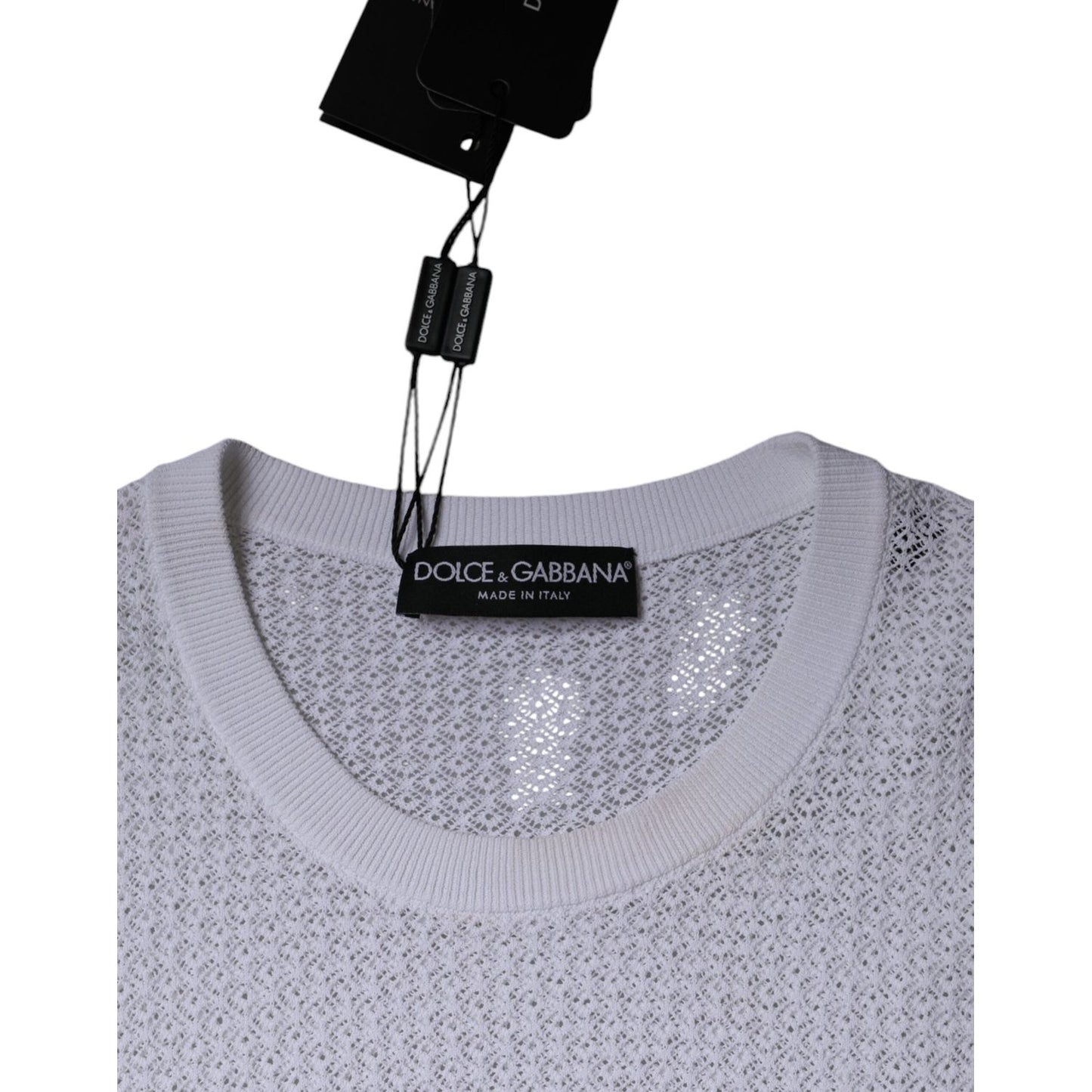 Dolce & Gabbana white mesh see through top neckline with logo detail and tags, highlighting minor marks on the neckline, made in Italy.