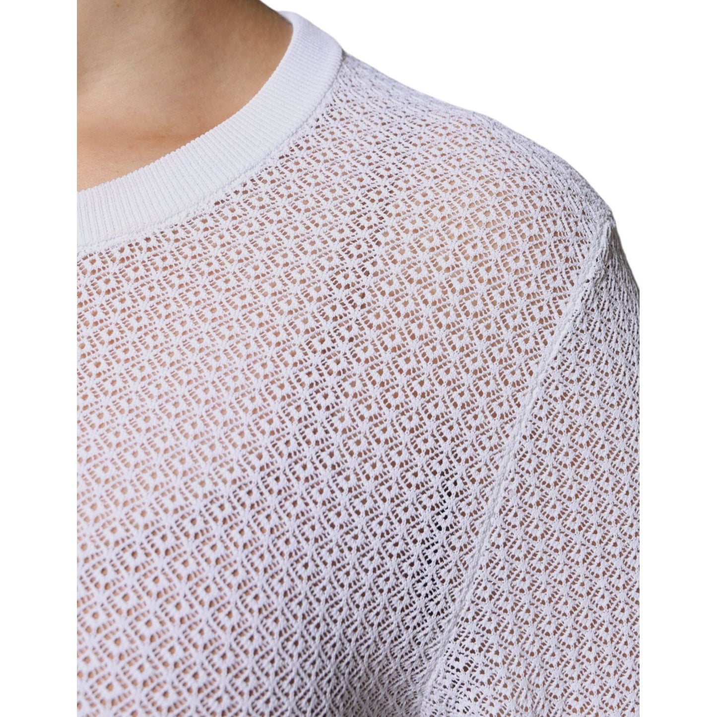 Dolce & Gabbana white mesh see-through long sleeves top, logo details, minor defects on neckline, Italian-made fashion.