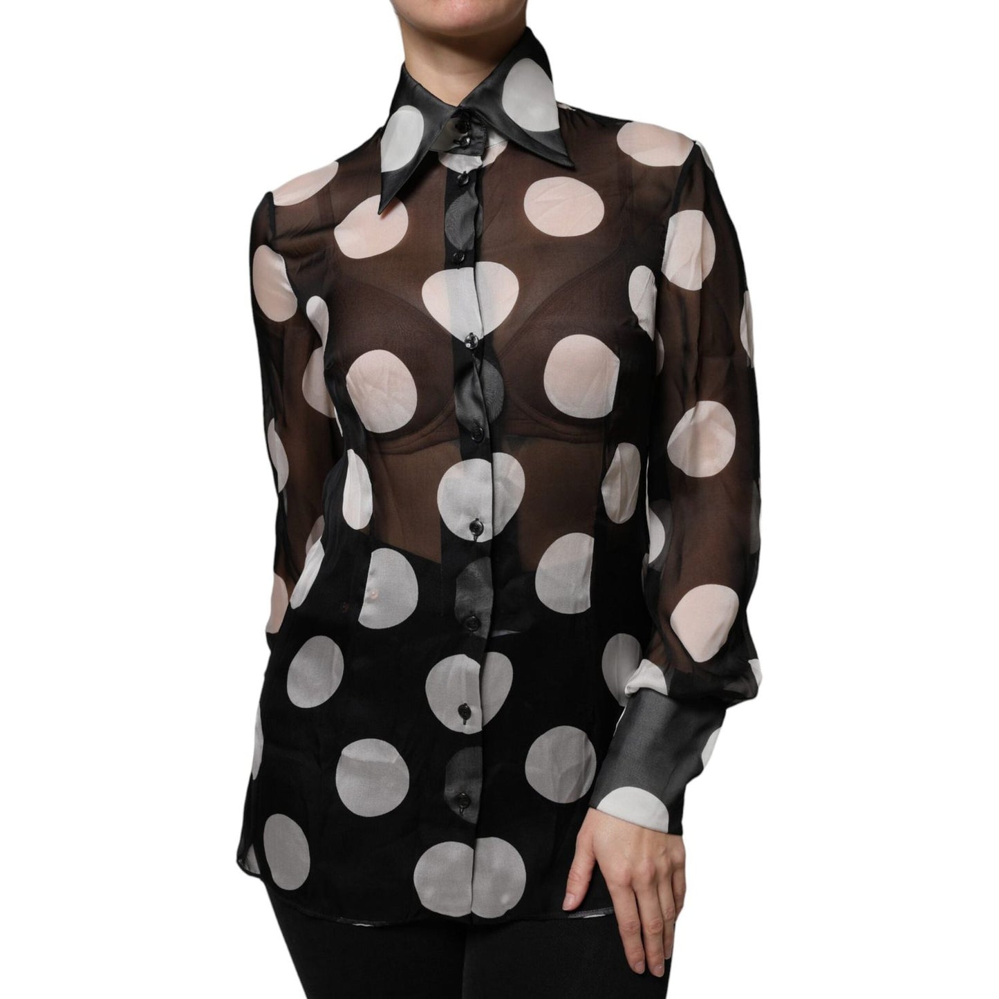Dolce & Gabbana black and white polka dot silk blouse with long sleeves and button front, featuring minor collar defects.