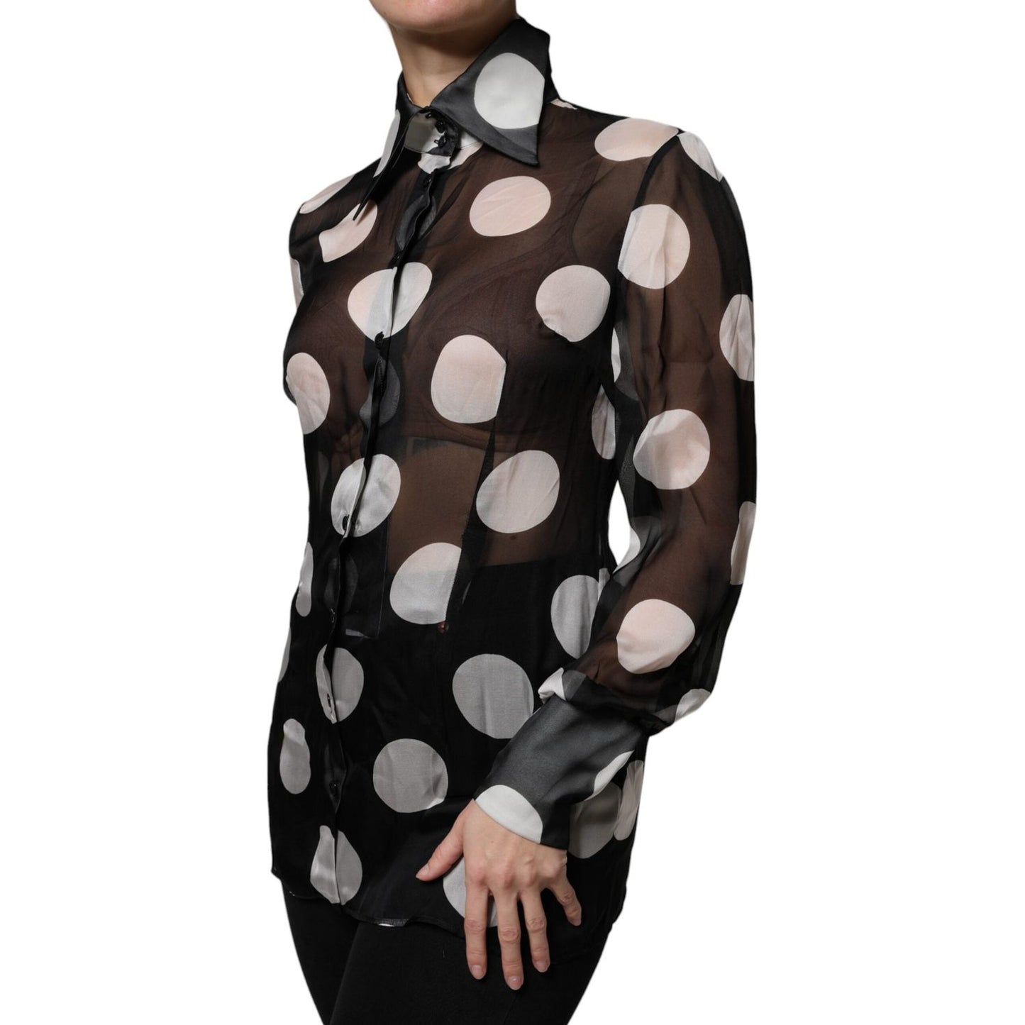 Dolce & Gabbana black and white polka dot silk blouse, long sleeves, collared, button front, luxury fashion, slight defect on collar.