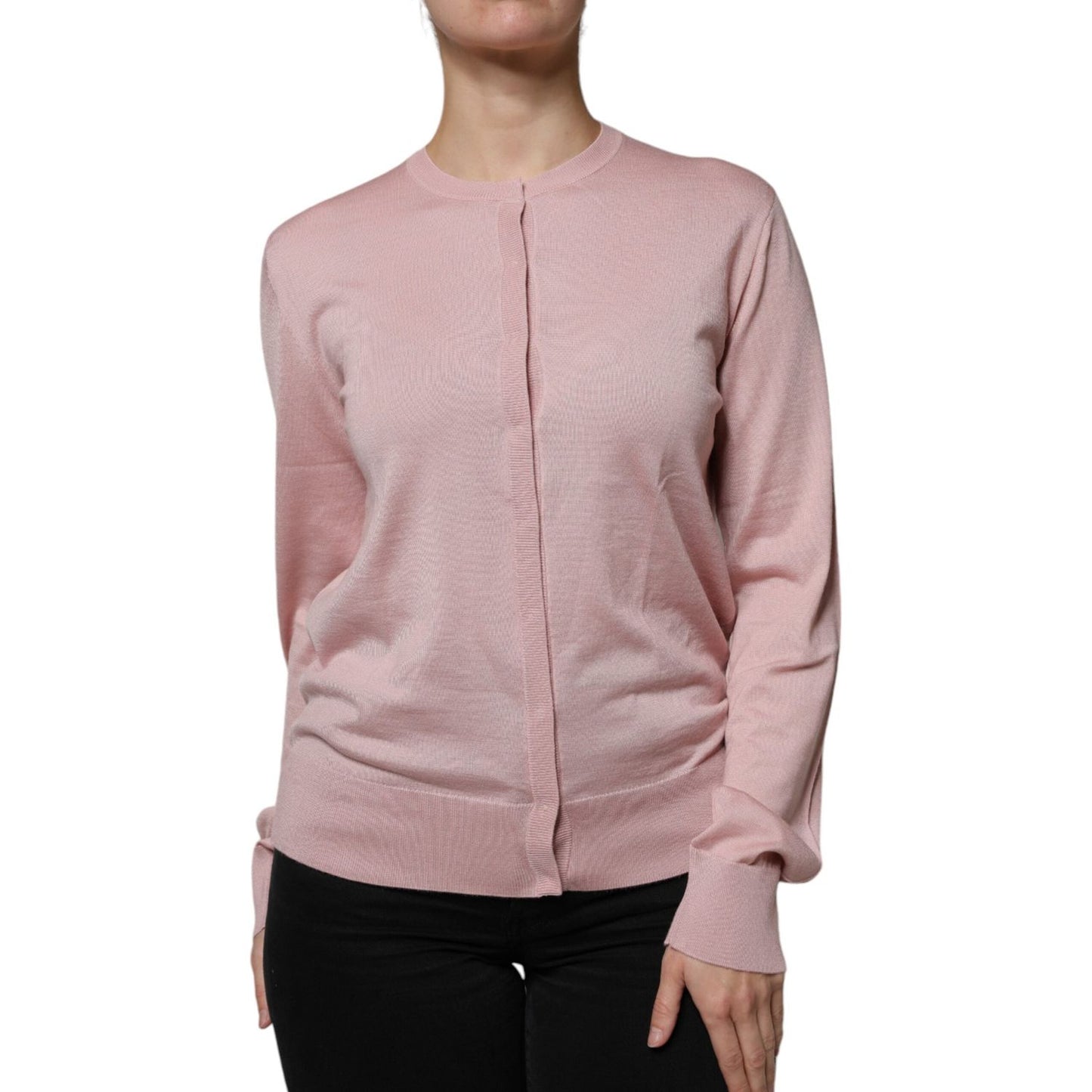 Dolce & Gabbana pink wool knit cardigan sweater with long sleeves and button-down closure.