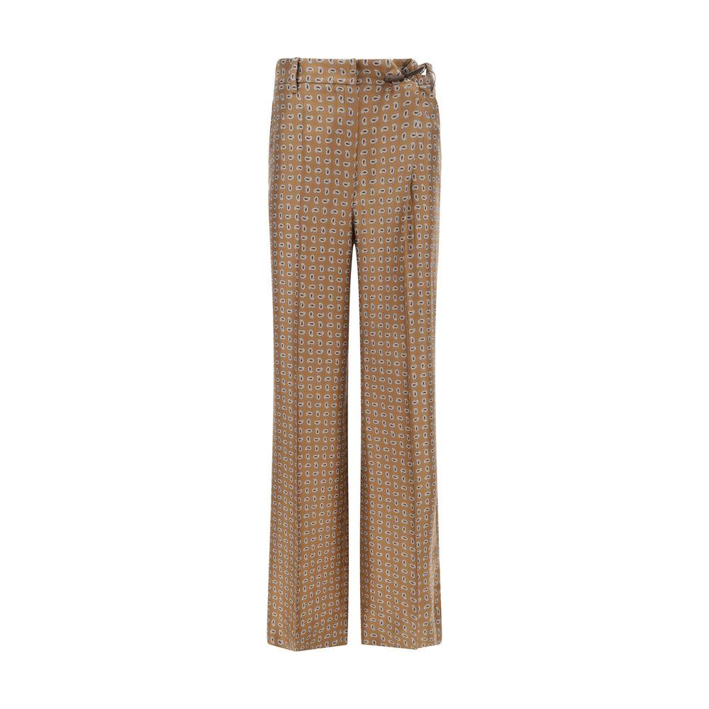 Prada silk pants with geometric pattern, featuring front zipper, button closure, side slash pockets, and back welt pockets.