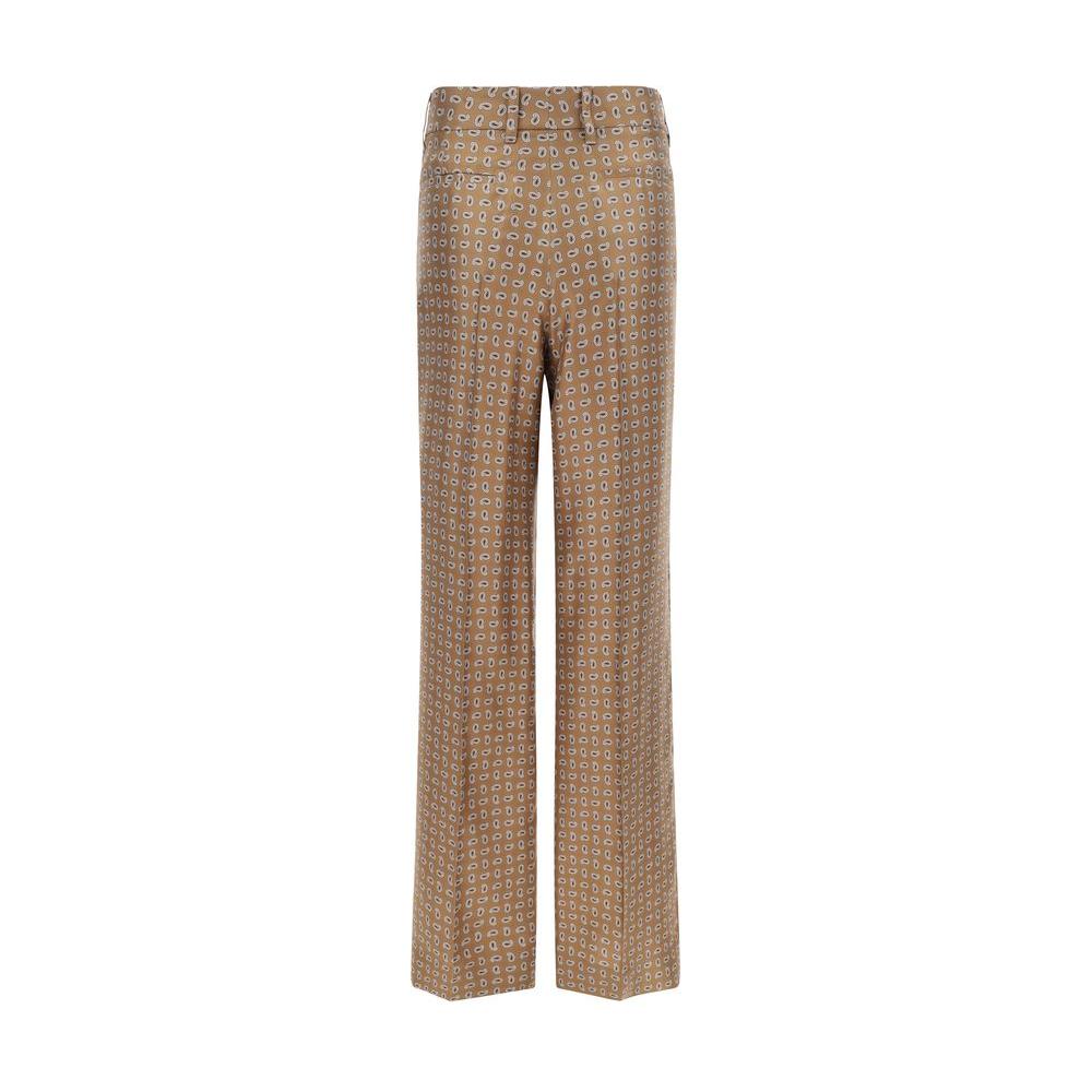 Prada silk pants with front zipper, button closure, side and back pockets, waistband loops, regular fit.