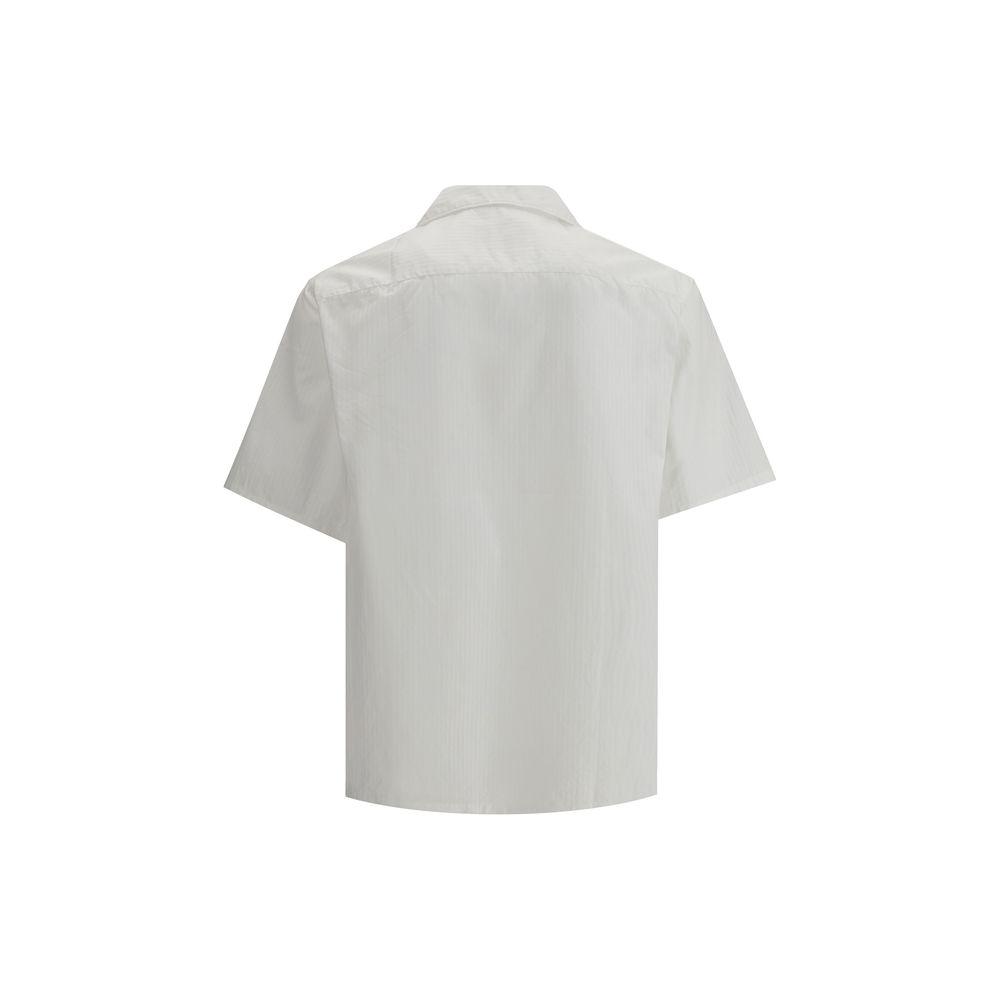 Back view of Prada short-sleeved cotton shirt with Cuban collar and striped pattern.