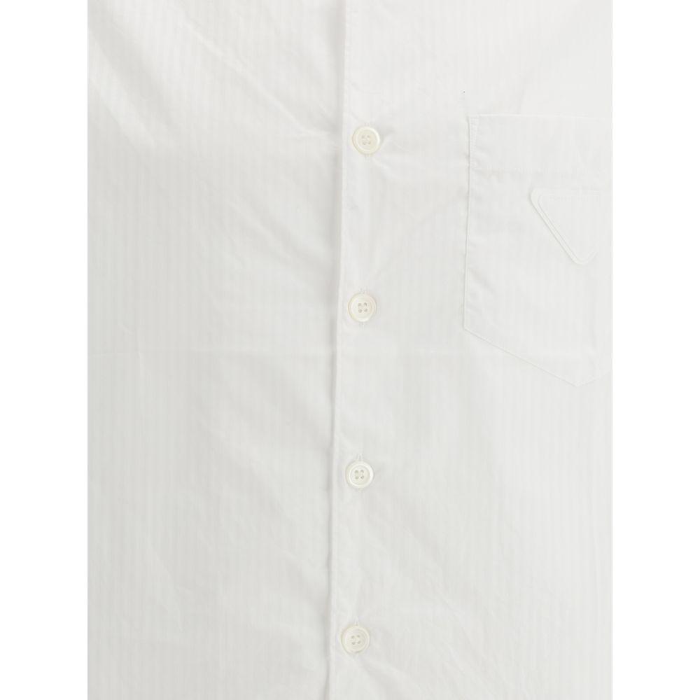 Prada cotton shirt with Cuban collar and front patch pocket, featuring tone-on-tone stripes and button closure, short sleeves.