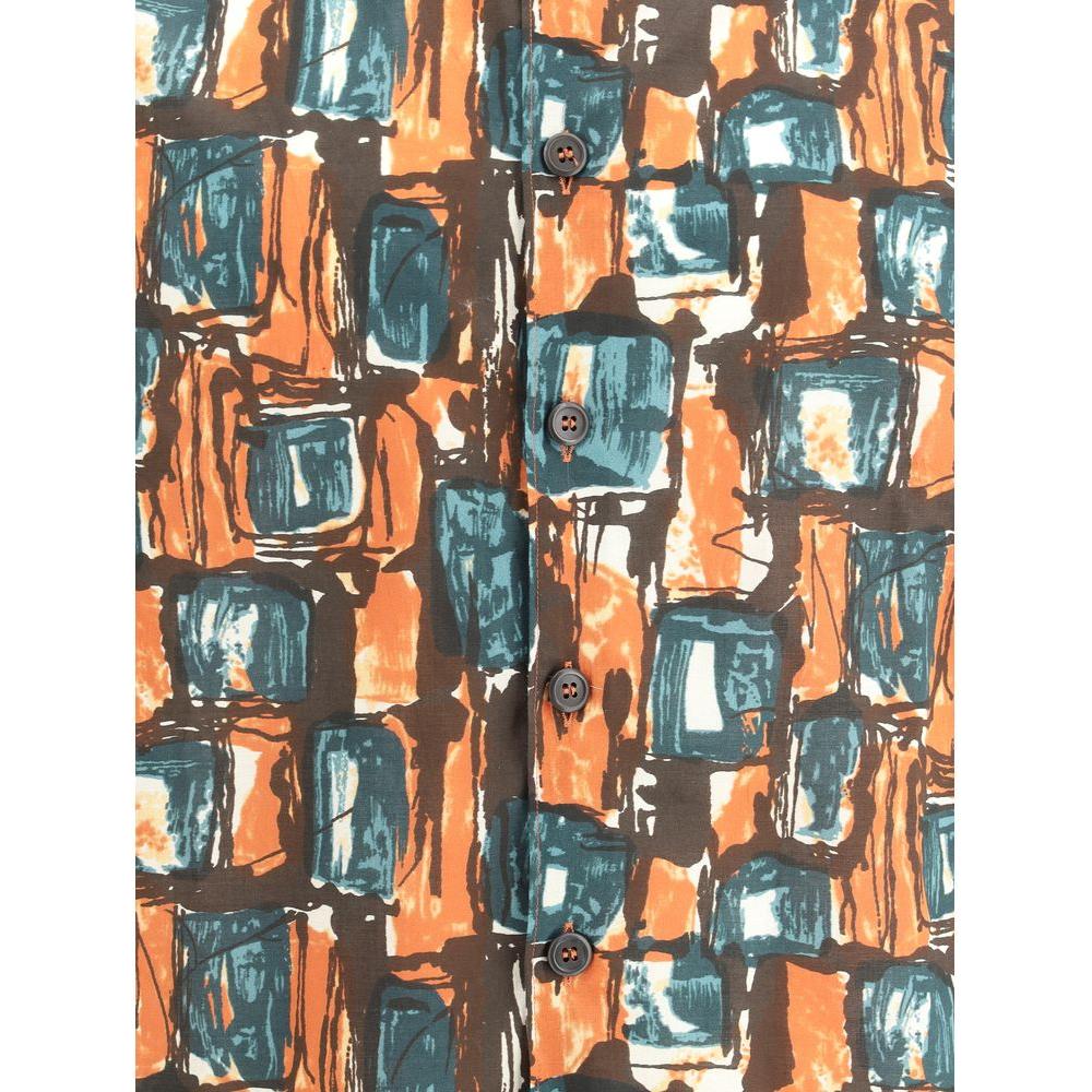 Prada Batista Squared Shirt with multicolored geometric pattern, tone-on-tone buttons, and short sleeves for an elegant casual look.