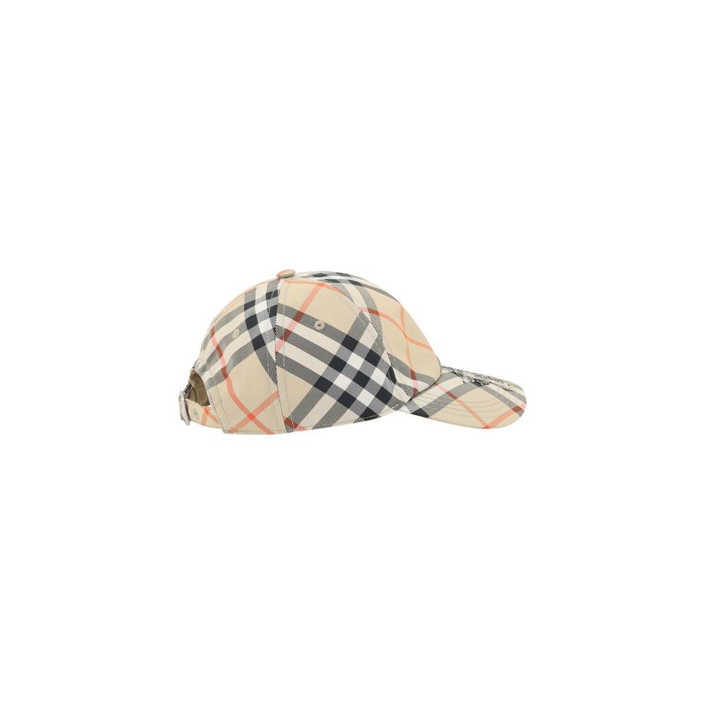 Side view of Burberry baseball hat with iconic Check Archive pattern and adjustable back closure.