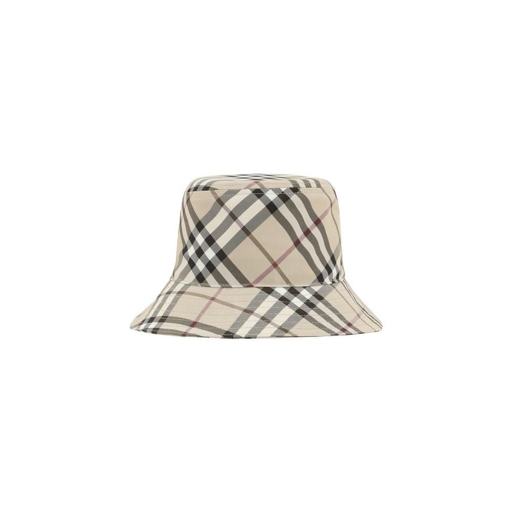 Burberry bucket hat with iconic Check Archive print and embroidered Equestrian Knight logo on the front, stylish fashion accessory.