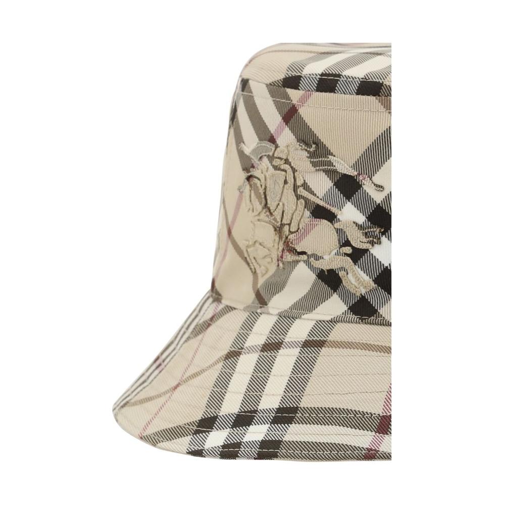 Burberry bucket hat with Check Archive print and embroidered Equestrian Knight logo on front, luxury fashion accessory.