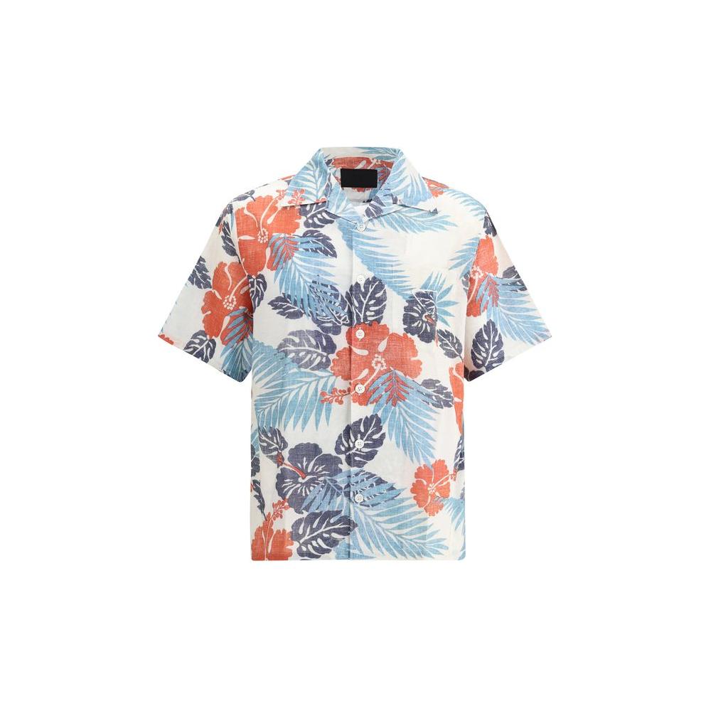 Prada Batista Ibiscus Shirt - Vibrant multicolor floral cotton weave, short sleeves, classic collar, front welt pocket, tone-on-tone buttons