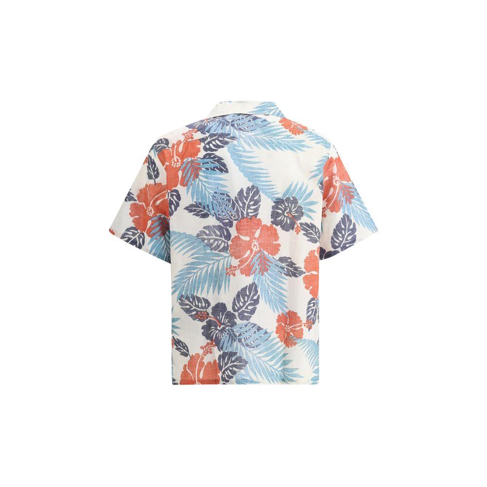 Prada Batista Ibiscus Shirt with multicolor floral pattern, classic collar, and short sleeves, featuring tone-on-tone buttons and welt pocket.