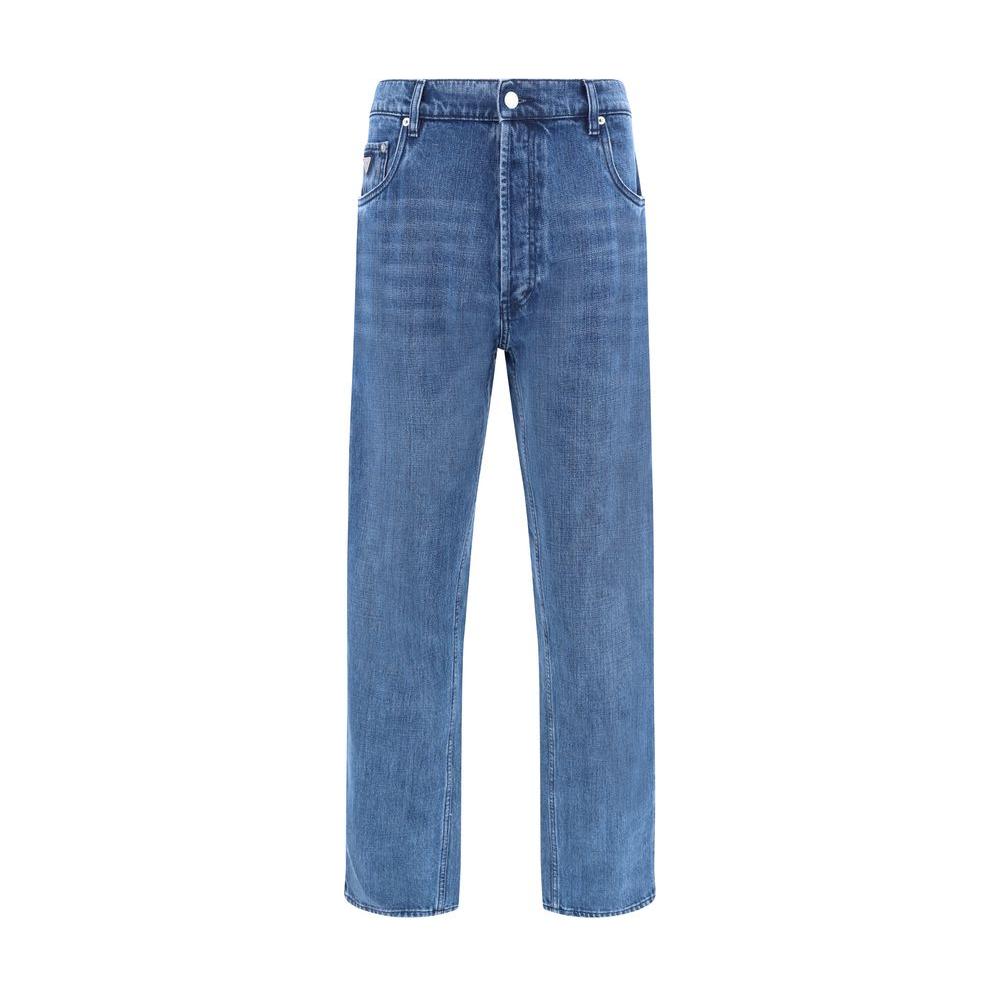 Prada Cotton Jeans with five-pocket design, button closure, and signature leather patch, showcasing contemporary and iconic style.