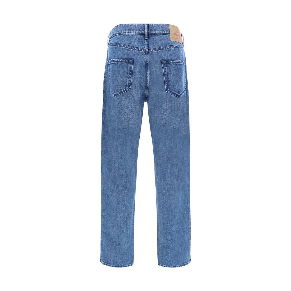 Back view of Prada cotton jeans with classic straight fit and signature leather patch.
