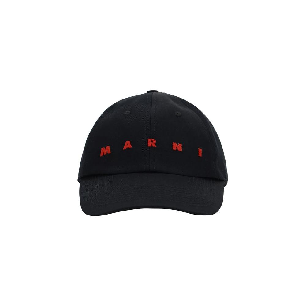 Marni cotton baseball hat with red monogram, adjustable back closure, iconic design.
