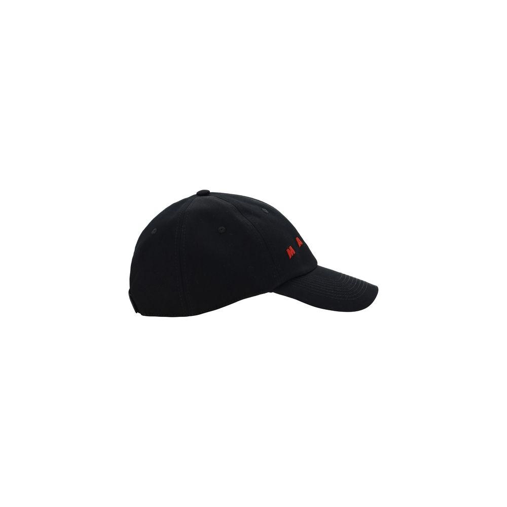 Marni black cotton baseball hat with red monogram, adjustable back closure for a custom fit.
