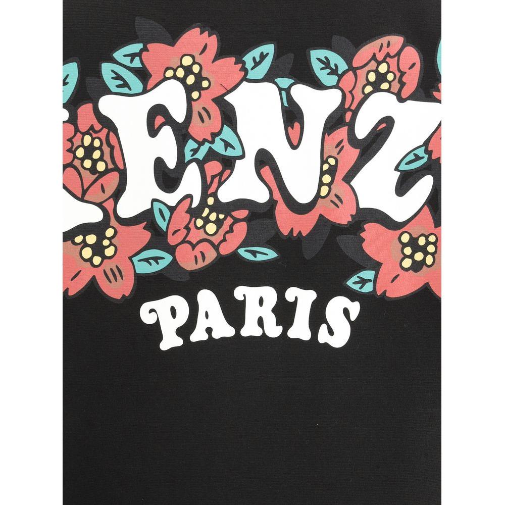 Kenzo cotton sweatshirt with floral print and "Paris" text, showcasing iconic monochrome design with vibrant red and green accents.