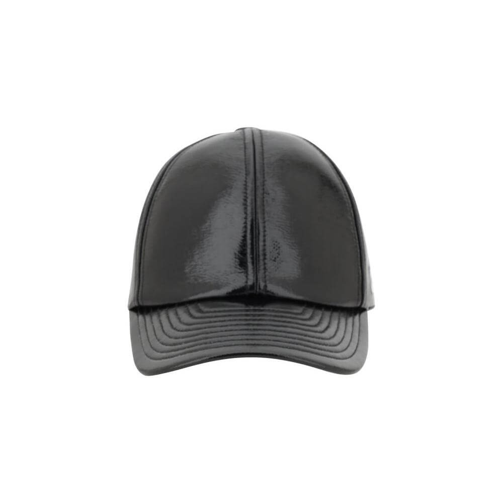 Courrèges Reedition Baseball Hat with shiny finish, embroidered logo, and adjustable back closure, viewed from front.