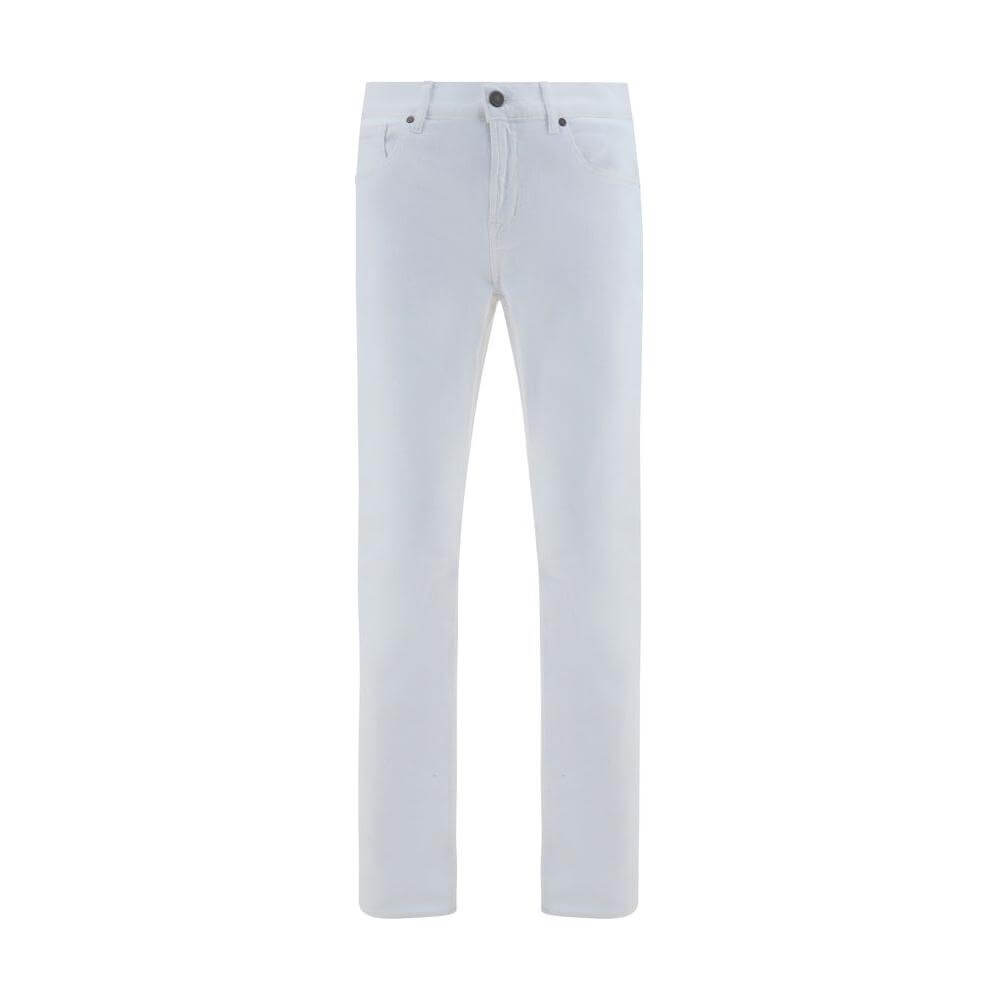 White 7FOR Cotton Luxe Pants, five-pocket style with front button and zipper closure, featuring iconic brand fabric patch on back