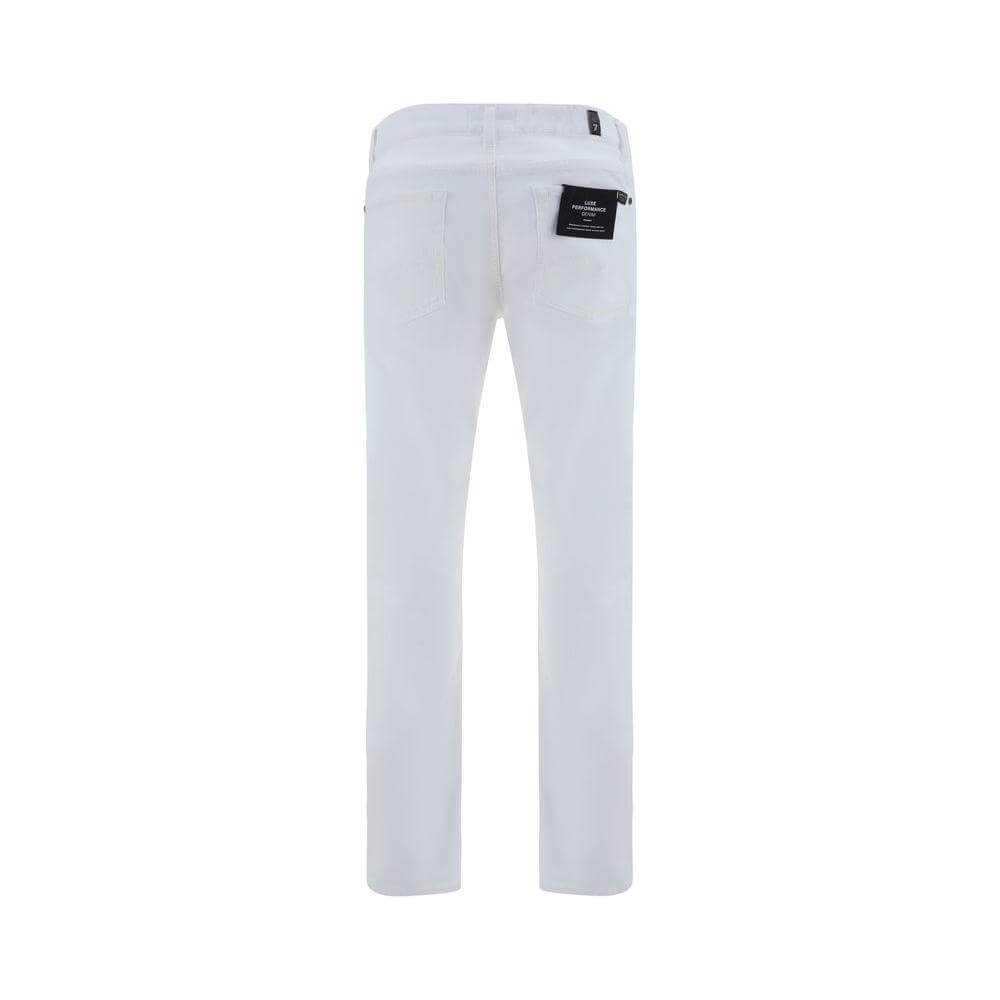 Back view of 7For Luxe straight white cotton pants with five-pocket design and signature brand applique.