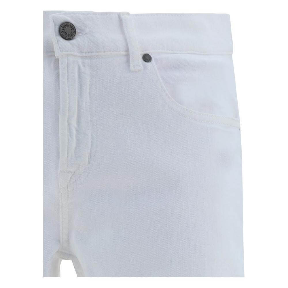 Close-up of white 7FOR Luxe cotton pants with button and zipper closure, featuring five-pocket straight style and belt loops.