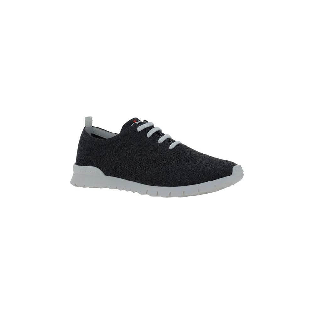 Kiton sneakers with breathable mesh, pointed toe, lace-up design, contrast print heel pull, branded insole, side view.