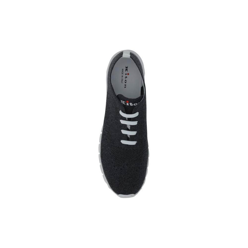 Top view of Kiton sneaker with slight pointed toe, lace-up closure, and breathable mesh design, featuring brand signature heel pull.