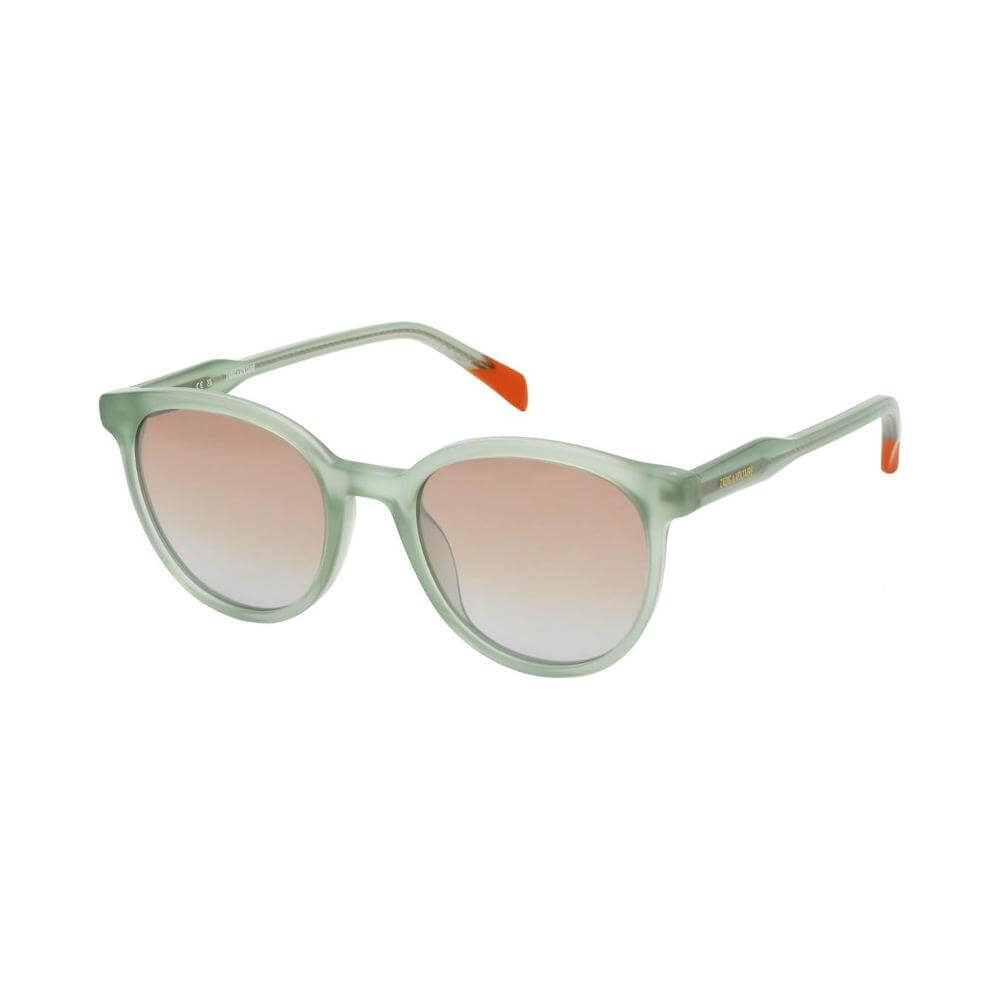 Zadig & Voltaire green acetate sunglasses with silver mirror and blue-yellow gradient lenses, 51/20/135mm frame for women.